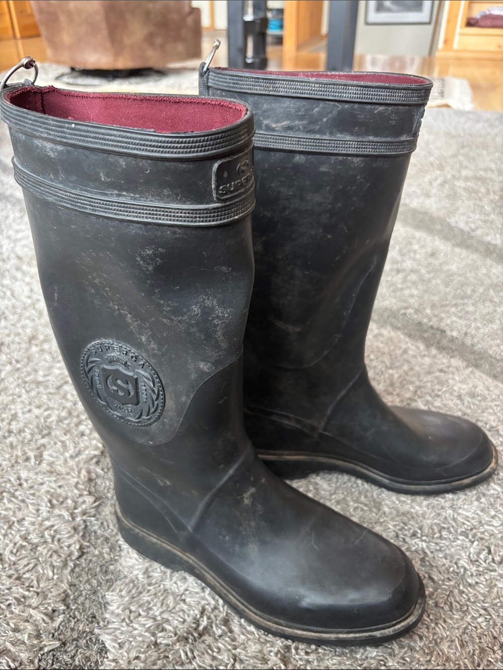 Sperry Black Rubber Tall Rain Boots with Burgundy Lining